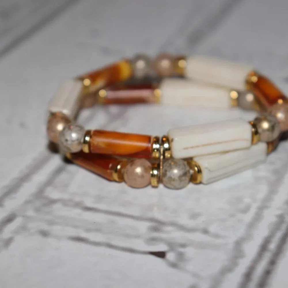 🍊 Vintage Double Bracelet – Gold, Cream & Orange – 7.5